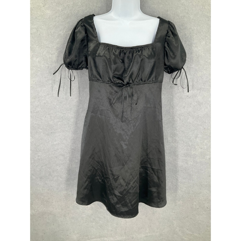 ROMWE Black Satin Mini‎ Dress Milkmaid Puff Sleeve Festival Square Neck Romantic